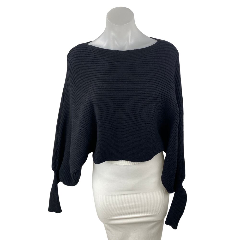 Zara Women's Black Boat Neck Ribbed Knit Batwing Sleeve Boxy Sweater Top Size S